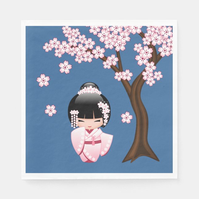 White Kimono Kokeshi Doll - Cute Geisha Girl Blue Pappersservett (Framsidan)