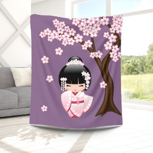 White Kimono Kokeshi Doll - Cute Geisha Girl Fleecefilt