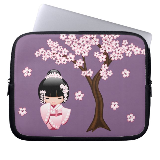 White Kimono Kokeshi Doll - Cute Geisha Girl Laptop Sleeve (Framsidan)