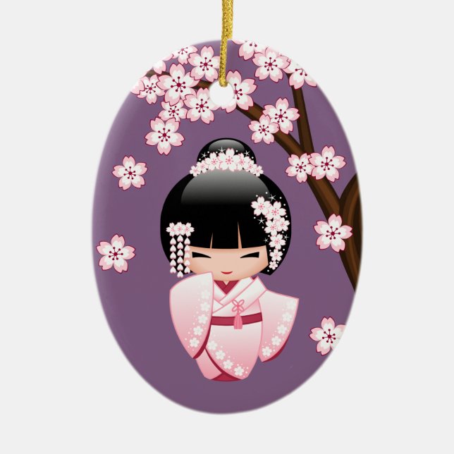 White Kimono Kokeshi Doll Cute Geisha Girl Lila Julgransprydnad Keramik (Framsidan)
