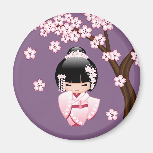 White Kimono Kokeshi Doll - Cute Geisha Girl Magnet (Framsidan)
