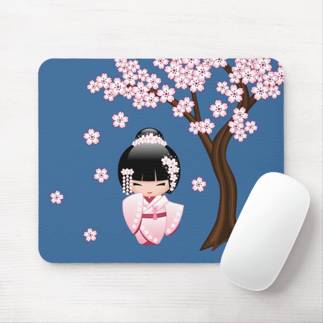 White Kimono Kokeshi Doll - Cute Geisha Girl Musmatta (Med mus)