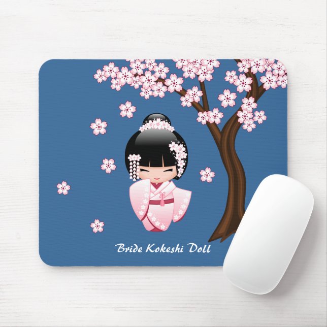 White Kimono Kokeshi Doll - Cute Geisha Girl Musmatta (Med mus)