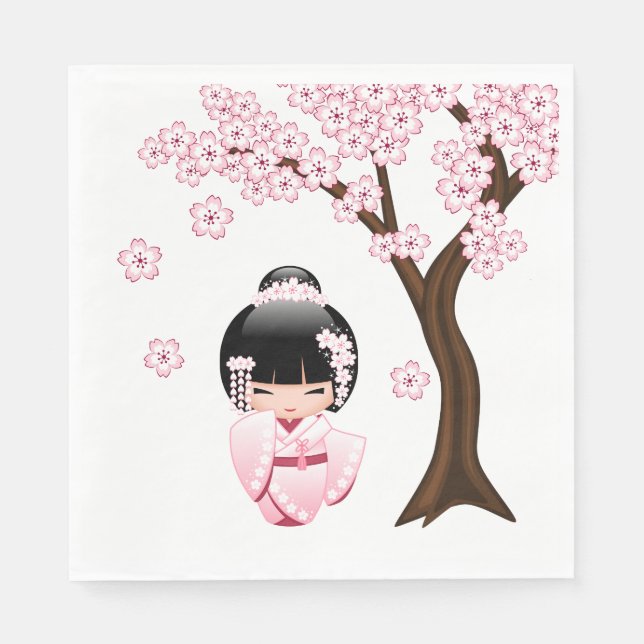 White Kimono Kokeshi Doll - Cute Geisha Girl Pappersservett (Framsidan)