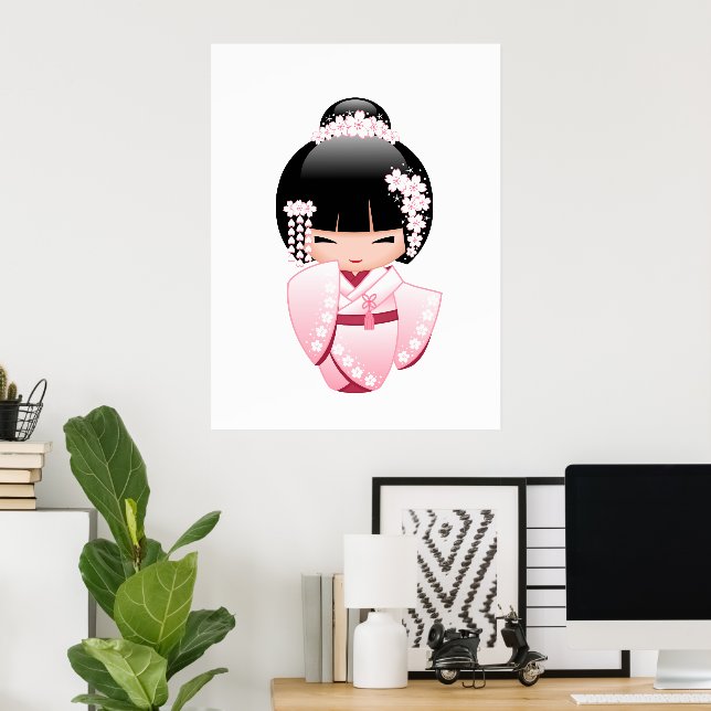 White Kimono Kokeshi Doll - Cute Geisha Girl Poster (Hemmakontoret)