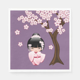 White Kimono Kokeshi Doll - Cute Geisha Girl Purpl Pappersservett