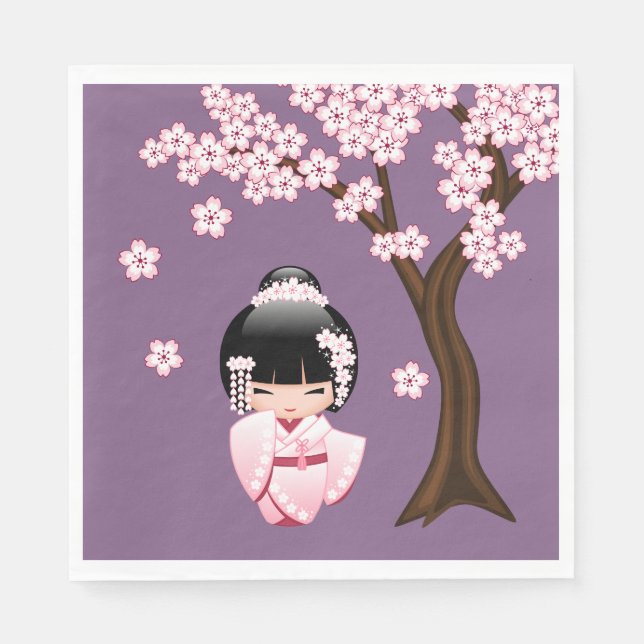 White Kimono Kokeshi Doll - Cute Geisha Girl Purpl Pappersservett (Framsidan)
