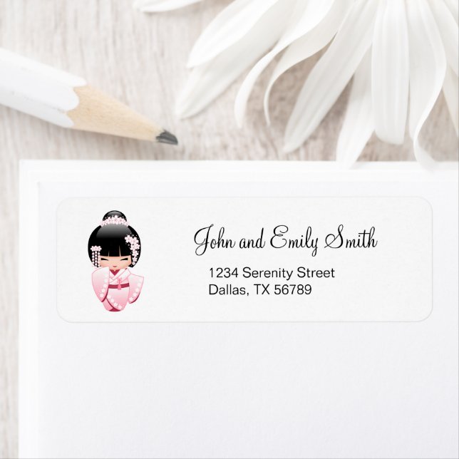 White Kimono Kokeshi Doll - Cute Geisha Girl Returadress Etikett (Insitu)