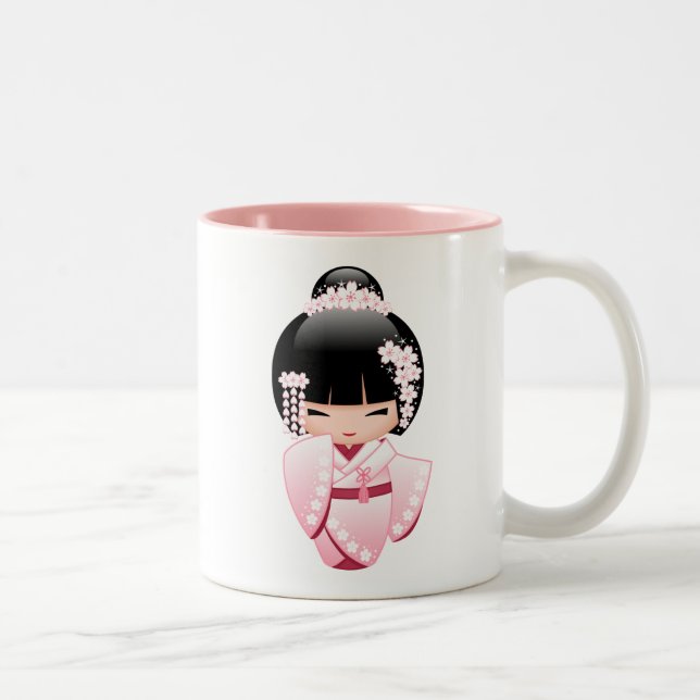 White Kimono Kokeshi Doll - Cute Geisha Girl Två-Tonad Mugg (Höger)