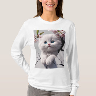 White Kitten Bland Cherry Blommars T Shirt