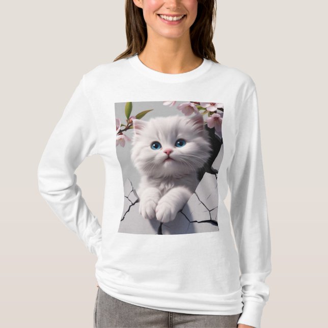White Kitten Bland Cherry Blommars T Shirt (Framsida)