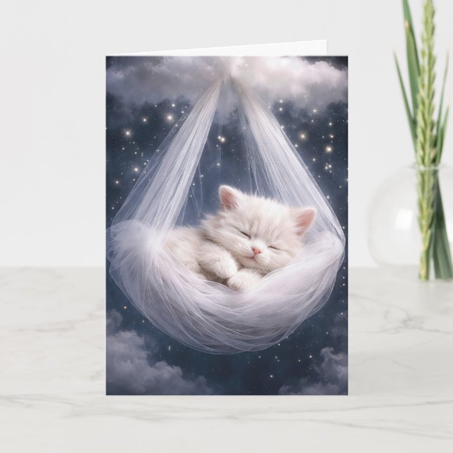 White Kitten Hanging from Tulle Hammock and Cloud Kort (Framsida)