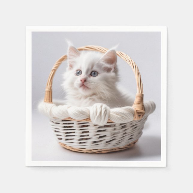 White Kitten i Basket Pappersservett (Framsidan)