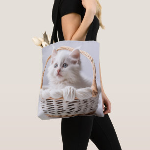 White Kitten i Basket Tygkasse