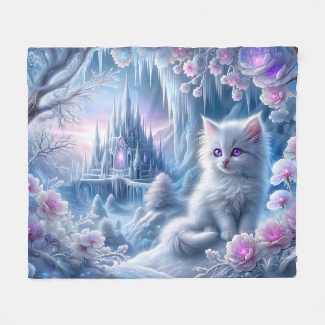 White Kitten i Fantasy Ice Kingdom Fleecefilt (Framsidan (Horisontell))