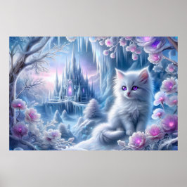 White Kitten i Fantasy Ice Kingdom Poster