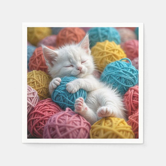 White Kitten in Yarn Bollar Pappersservett (Framsidan)