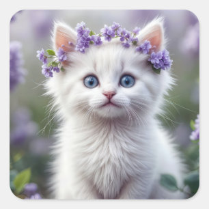 White Kitten med Lilac Laurel Fyrkantigt Klistermärke