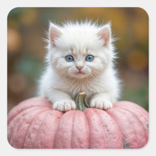 White Kitten On Rosa Pumpkin Fyrkantigt Klistermärke