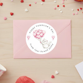 White Kitten Pink Hearts Balloons Valentine's Kids Runt Klistermärke