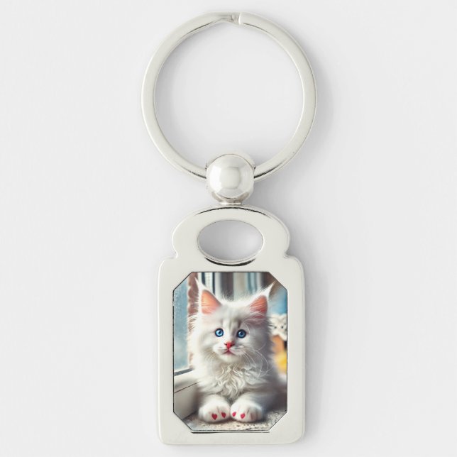 White Kitten Rektangulärt Silverfärgad Nyckelring (Framsidan)