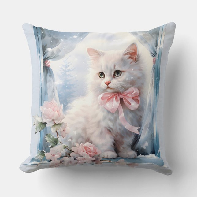 White Kitten Rosa Bow Kudde (Skapare uppladdad)