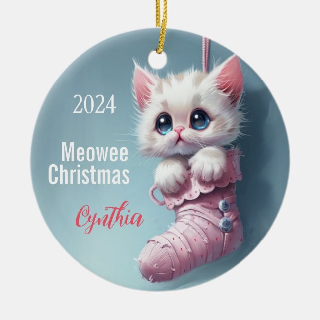 White Kitten Rosa Stocking Personlig Ornament (Framsidan)