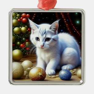 White Kitten spelar med Guld julprydnader Julgransprydnad Metall