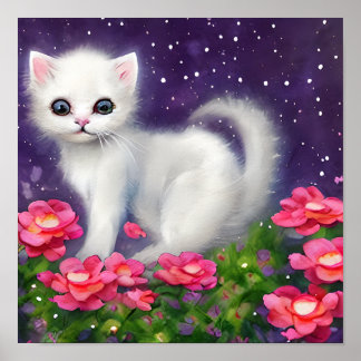 White Kitten Surrozed by Flowers Poster