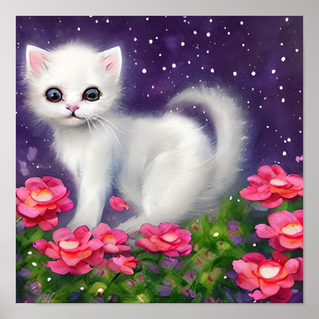 White Kitten Surrozed by Flowers Poster (Framsidan)