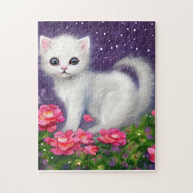 White Kitten Surrozed by Flowers Pussel (Vertikal)