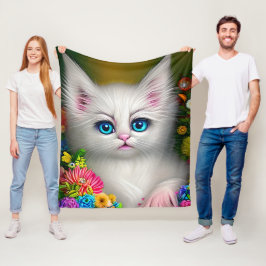 White Kitten with Flowers Fleecefilt