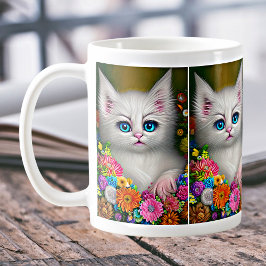 White Kitten with Flowers Kaffemugg