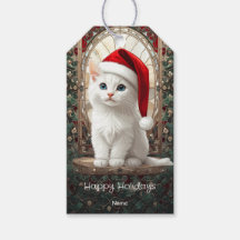 White Kitten with Santa Hat Gift Tag