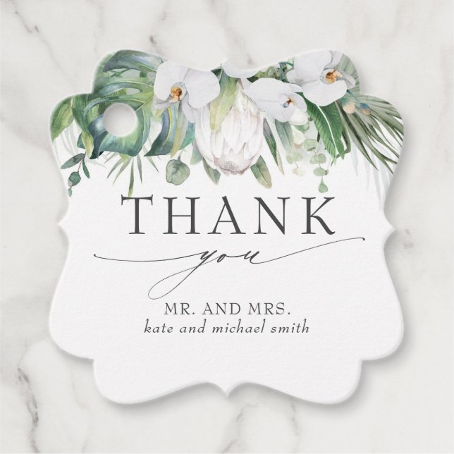 White Kung Protea Orchids Bröllop Tack Gåvor Etiketter (Framsida)