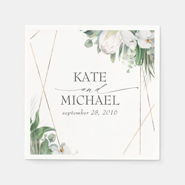 White Kung Protea Orchids Tropical Bröllop Pappersservett (Framsidan)