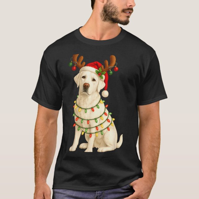 White Lab Christmas Tree Light Pajama Labrador Dog T Shirt (Framsida)