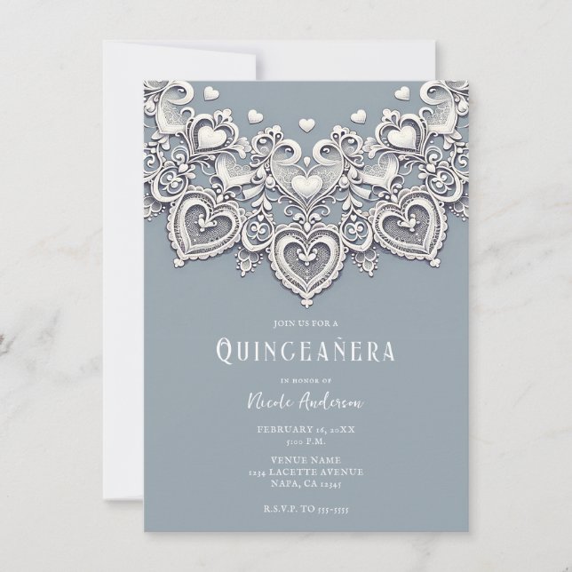 White Lace Hearts Romantisk Charm Quinceañera-fest Inbjudningar (Framsida)