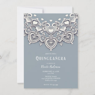 White Lace Hearts Romantisk Charm Quinceañera-fest Inbjudningar