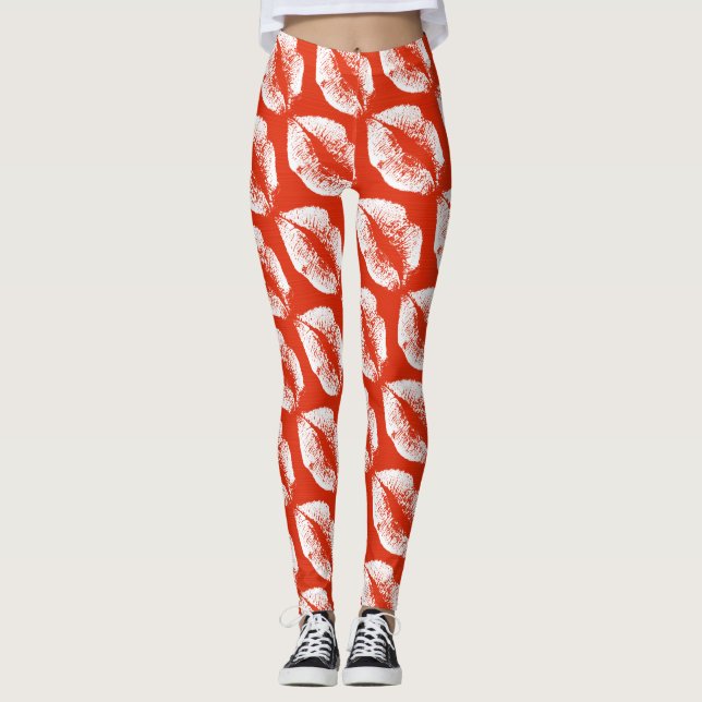 White Läppar Modern Orange Red Leggings (Framsida)