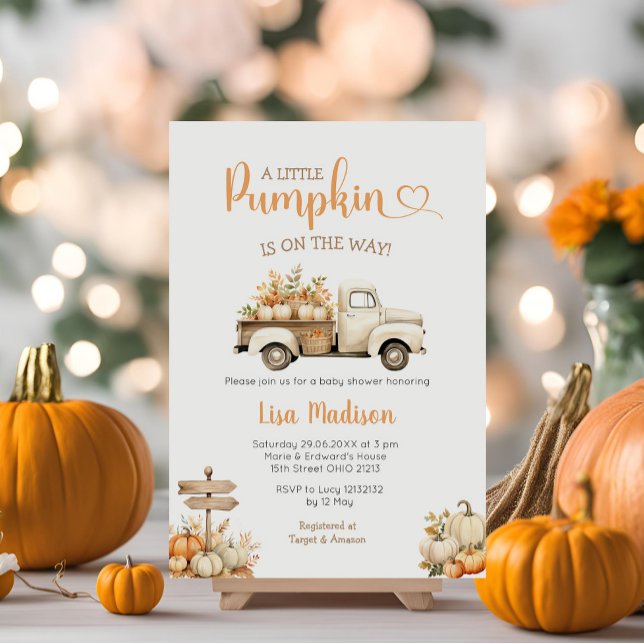 White Lastbil Pumpkin är på väg som Baby Shower Gi Inbjudningar (Skapare uppladdad)