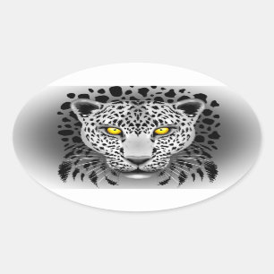 White Leopard med Gult Ögon Oval Stickers Ovalt Klistermärke