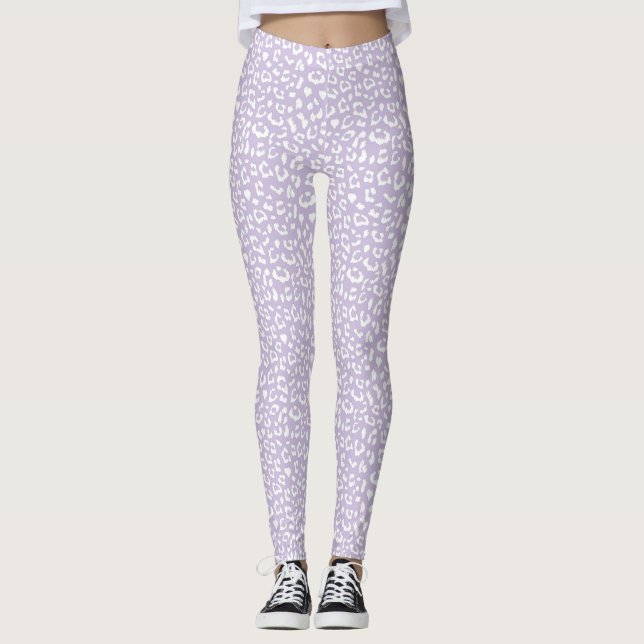 White Leopard Patterned Pastel Lila Leggings (Framsida)