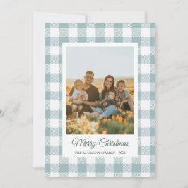 White light blue buffalo plaid photo Holiday Card Julkort