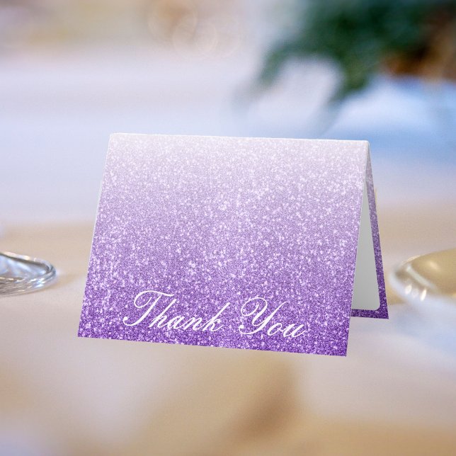 White & Lila Glitter Ombre Photo Bröllop Tack Kort (White & Purple Glitter Ombre Photo Wedding Thank You Card)