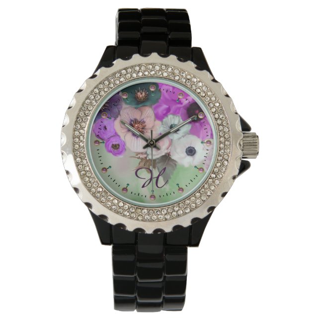 WHITE LILA GRÖNT RO,ANEMONE FLOWERS MONOGRAM ARMBANDSUR (Framsida)