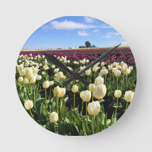 White & Lila Tulip Fält med Luftballong Rund Klocka