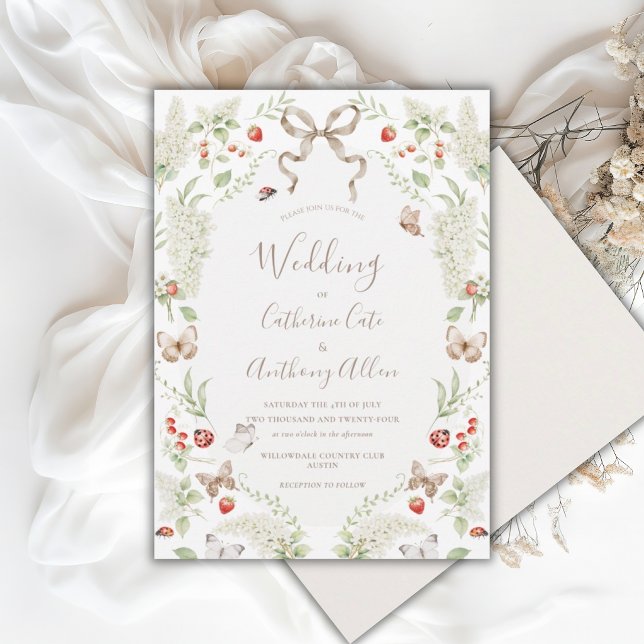 White Lilacs Greenery Ribbon Whimsical Wedding  Inbjudningar (Skapare uppladdad)