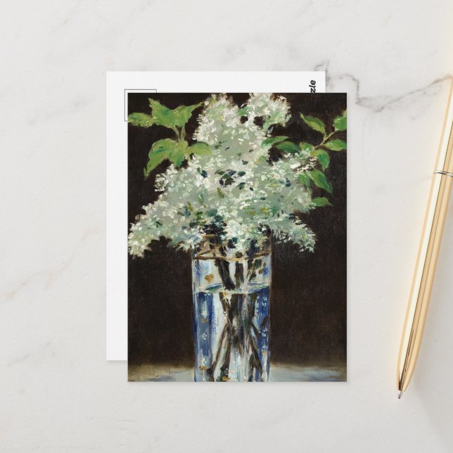 White Lilacs in a Crystal Vas by Edouard Manet Vykort (Fram/Back In Situ)