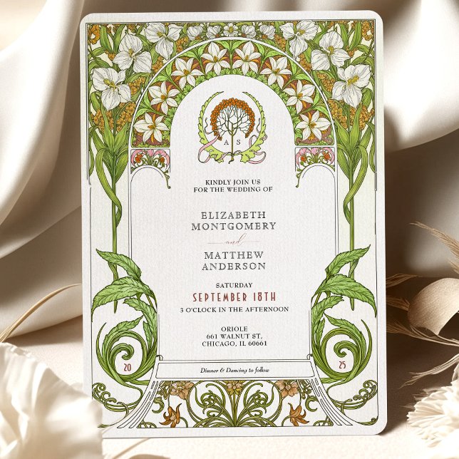 White Lilies & Daffodils Art nouveau Bröllop Inbjudningar (Skapare uppladdad)
